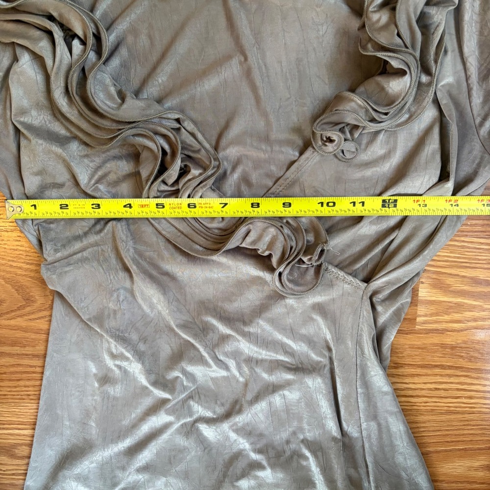 Y2K Taupe Waterfall Ruffle Faux Wrap Top Metallic Small Ruched Glam Romantic - Picture 7 of 7